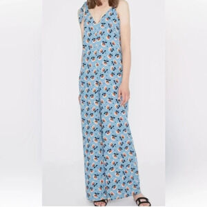 Modcloth Wild Pony Floral Jumpsuit Shoulder Tie Blue Straight Wide Leg Black L